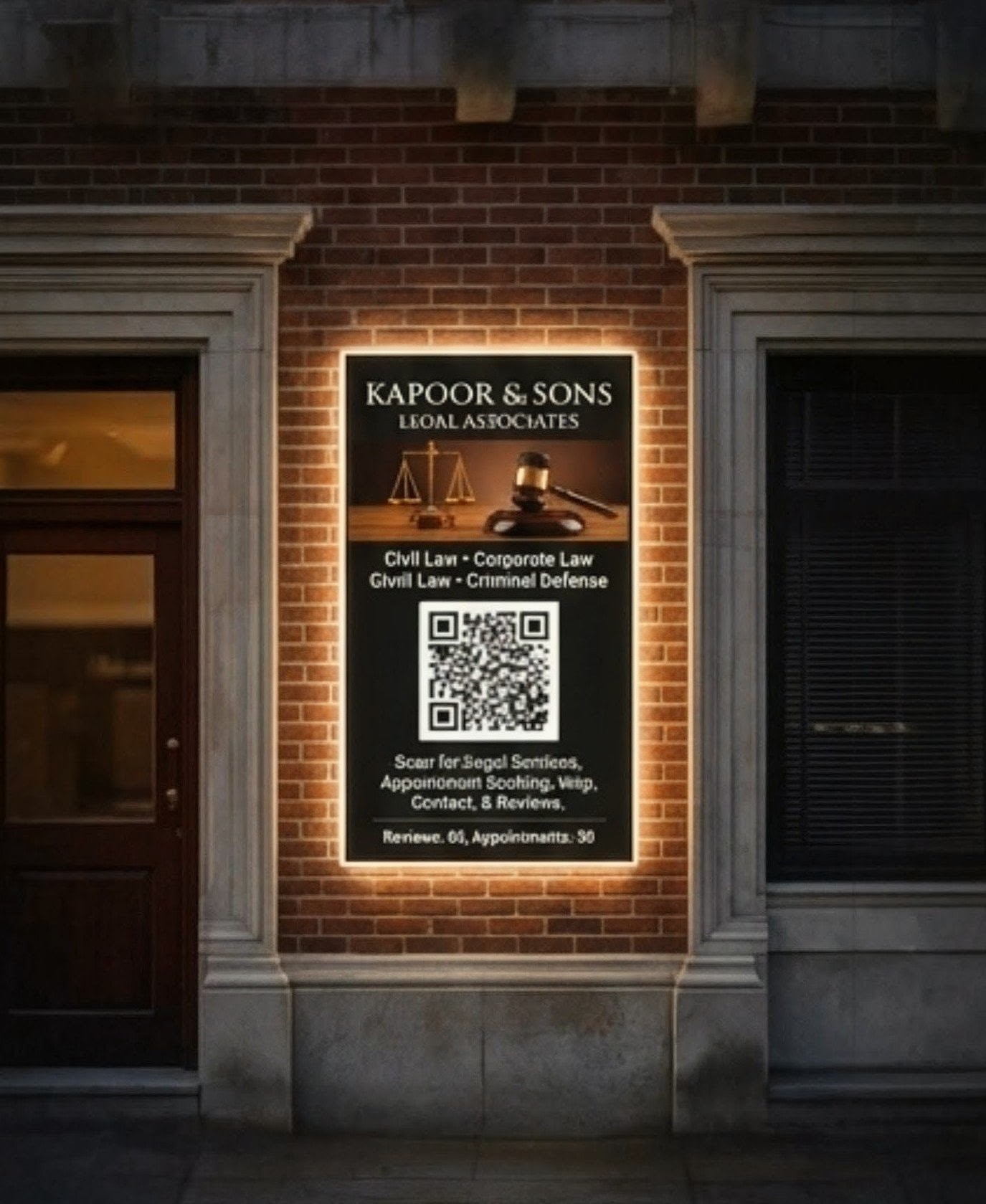ScanTapBook custom LED backlit tabletop & roadside QR standee banner slide 1 showing active appointment booking, catalog ordering, and Google reviews flow