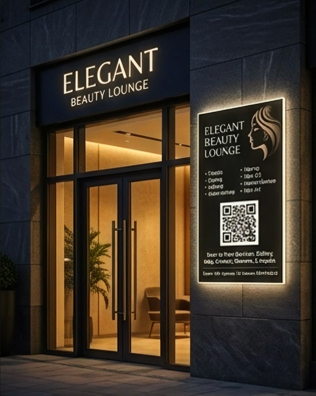 ScanTapBook custom LED backlit tabletop & roadside QR standee banner slide 2 showing active appointment booking, catalog ordering, and Google reviews flow